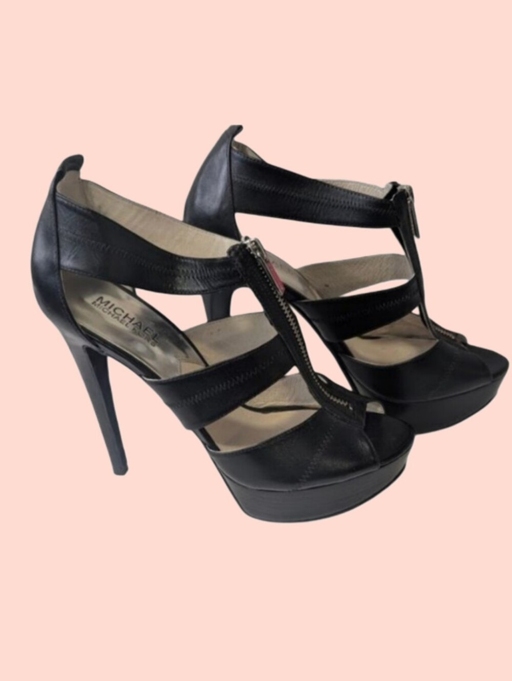 Michael Kors Black Leather Heels Zip Front Platform Sandals Size 8.5 - Picture 3 of 4
